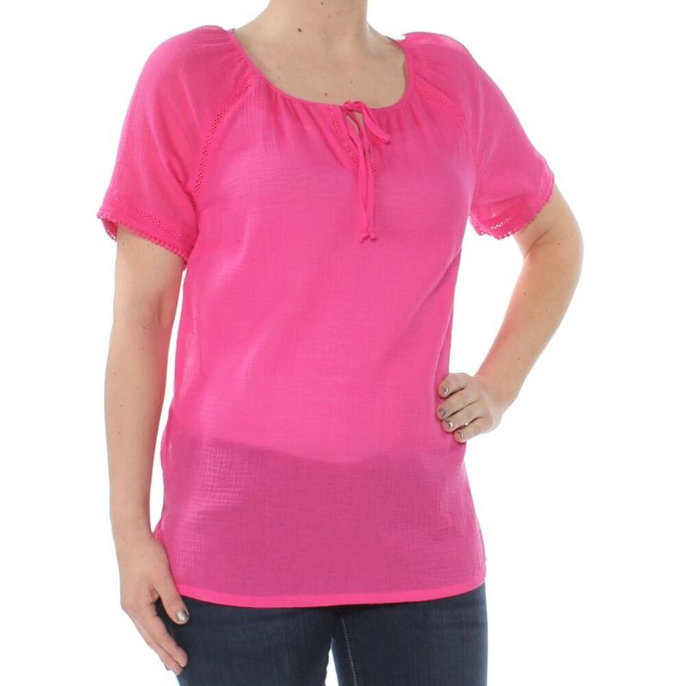 TOMMY BAHAMA Womens Pink Embroidered Short Sleeve Keyhole Peasant Top XXS